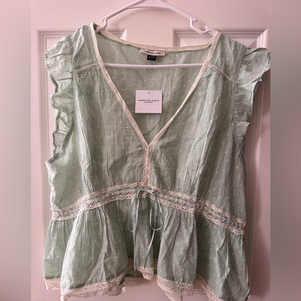 American Eagle Outfitters Mint Green Eyelet Lace Peplum Blouse